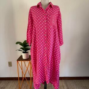 NT by Amati Pink polka dot Italian 100% Linen maxi dress buttonup sequin sz XXL